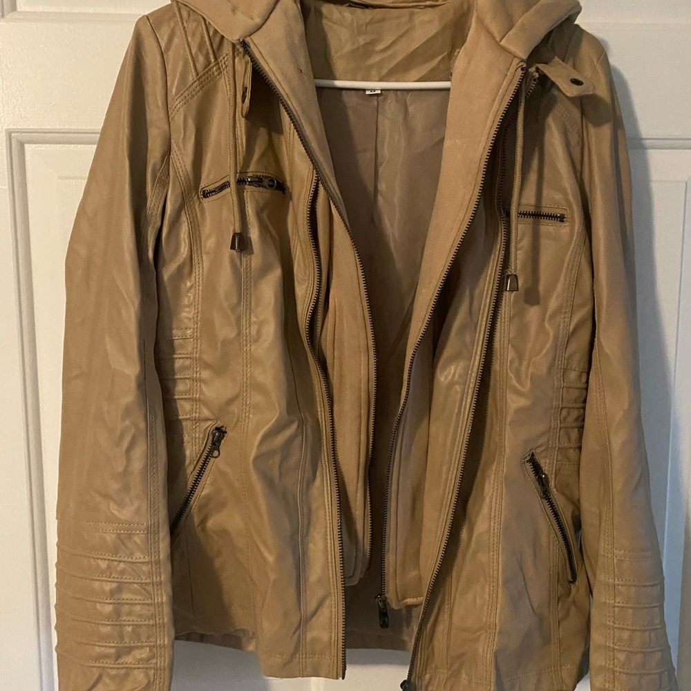 Beige Size Medium Leatherlike jacket with zip in hoodie
